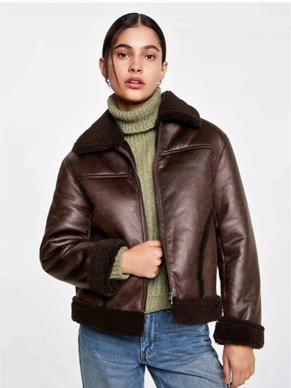 NWOT Mango Double-Faced Faux-Leather Jacket Brown